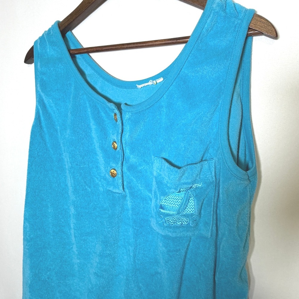 Vintage Turquoise Terry Cloth Beach Cover Up Dress Nautical Sailboat Blue
